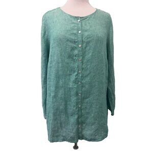 Tahari 100% Linen Collarless Tunic Top Size 1X Green Button Down Shirt Lagenlook